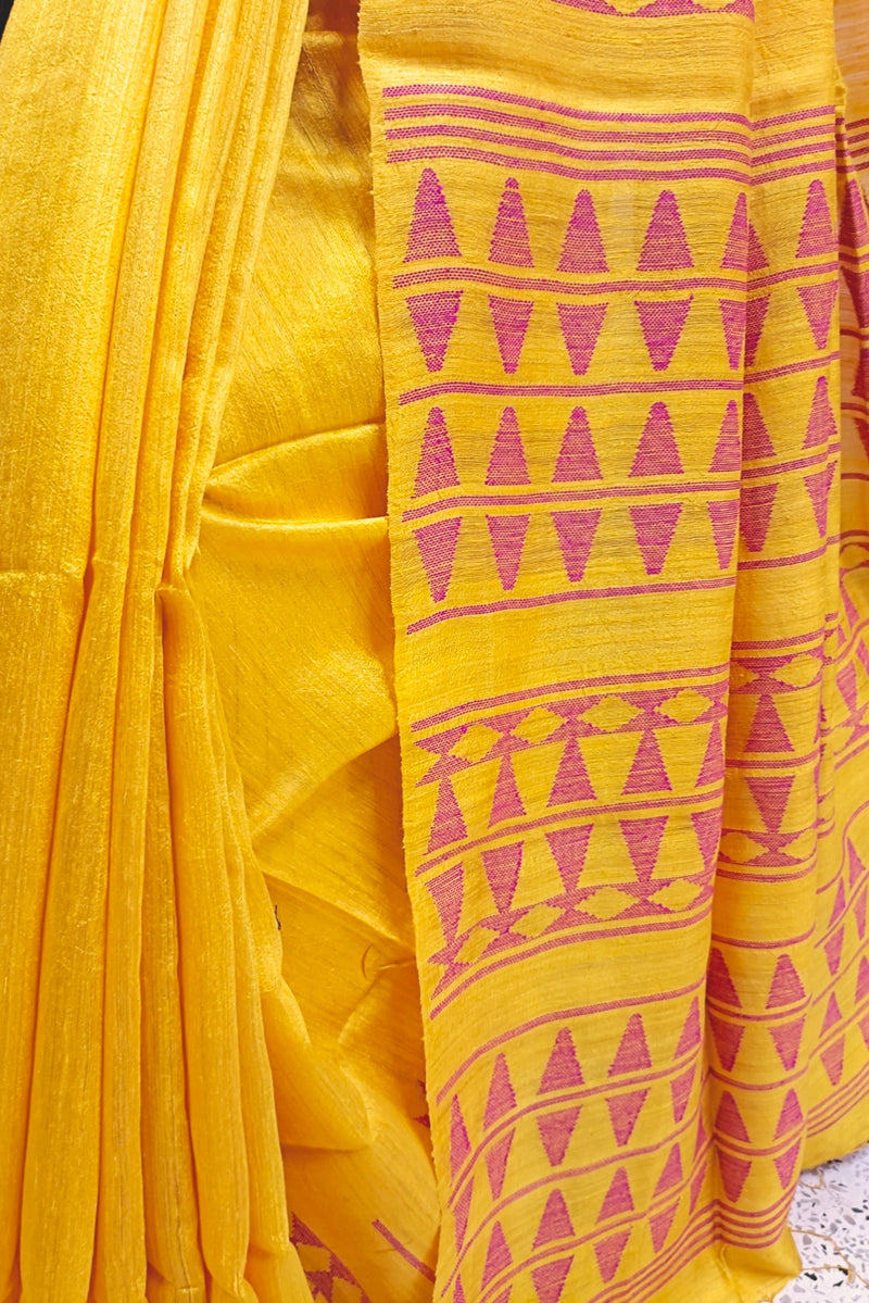 Yellow & pink Handloom Matka Woven Silk Saree Balaram Saha