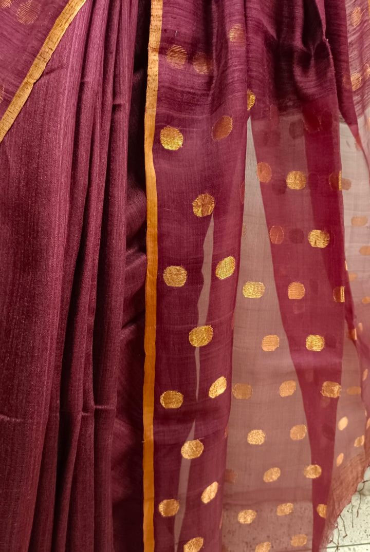 Plum & Beige Handloom Matka Silk Saree Balaram Saha