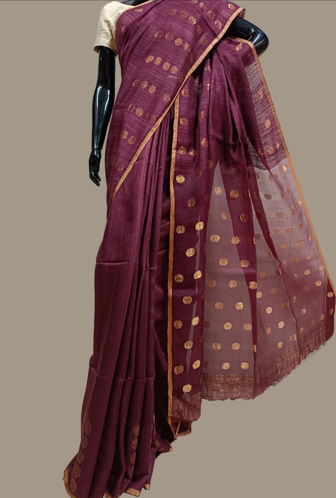 Plum & Beige Handloom Matka Silk Saree Balaram Saha
