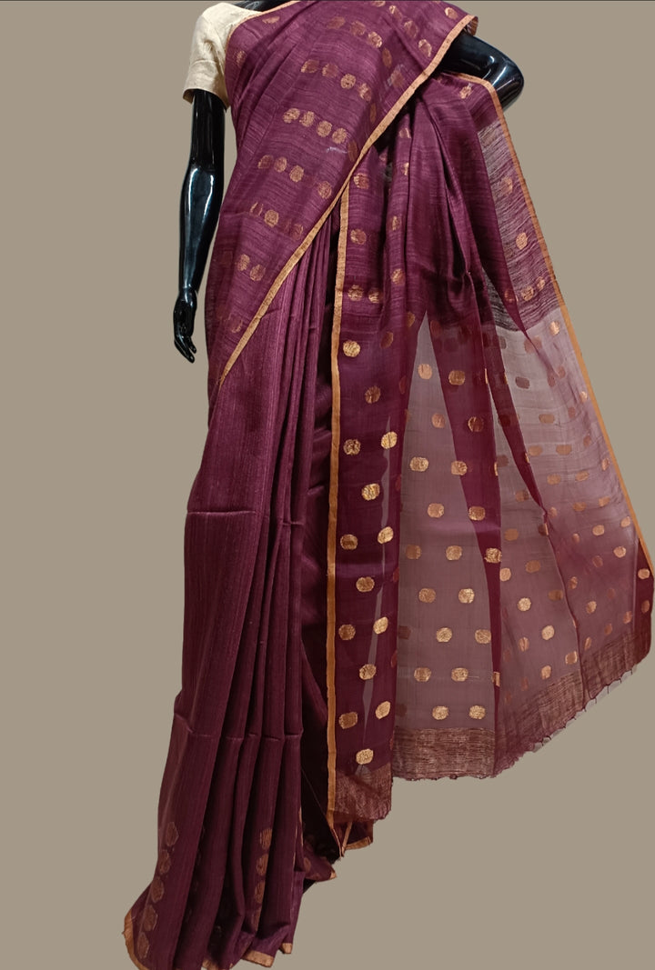 Plum & Beige Handloom Matka Silk Saree Balaram Saha