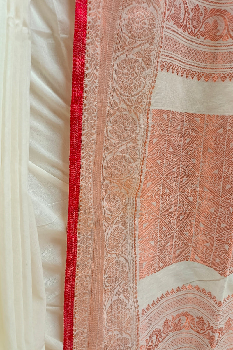 White & red soft cotton saree with red & copper zari border Balaram Saha