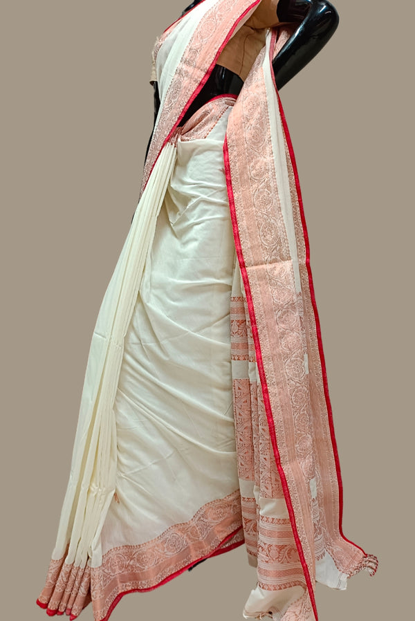 White & red soft cotton saree with red & copper zari border Balaram Saha