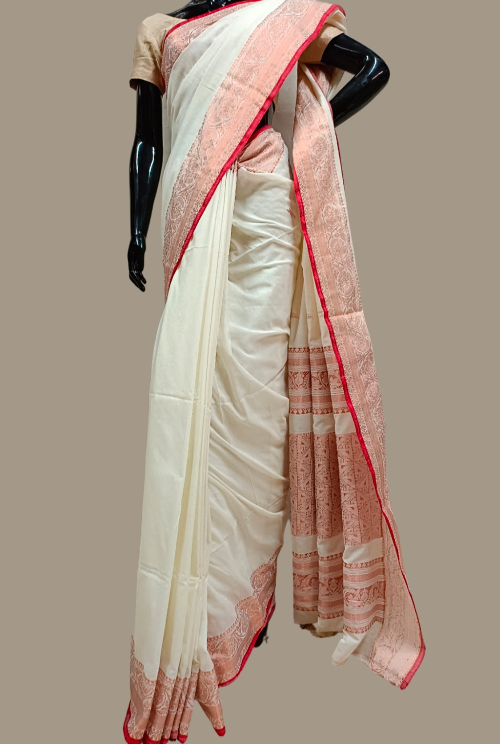 Bengal handloom Khadi cotton signature white saree with red border | White  saree, Saree, Saree blouse designs