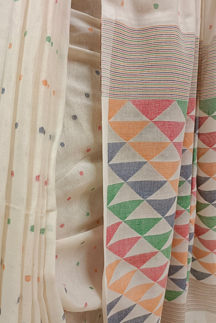 OFF WHITE HANDSPUN HANDWOVEN COTTON JAMDANI SAREE Balaram Saha