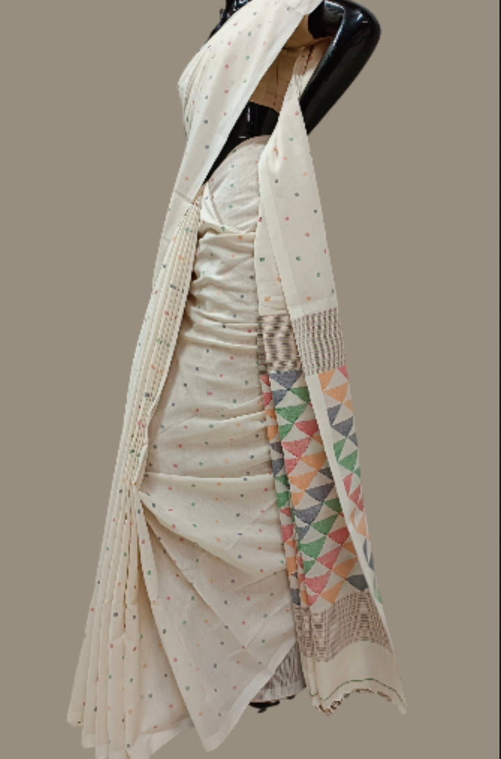 OFF WHITE HANDSPUN HANDWOVEN COTTON JAMDANI SAREE Balaram Saha
