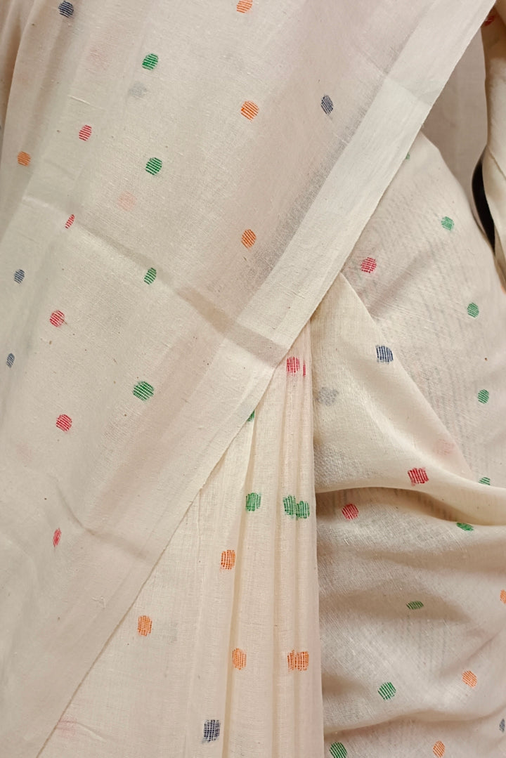 OFF WHITE HANDSPUN HANDWOVEN COTTON JAMDANI SAREE Balaram Saha