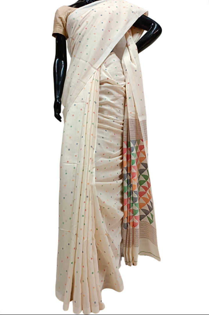 OFF WHITE HANDSPUN HANDWOVEN COTTON JAMDANI SAREE Balaram Saha
