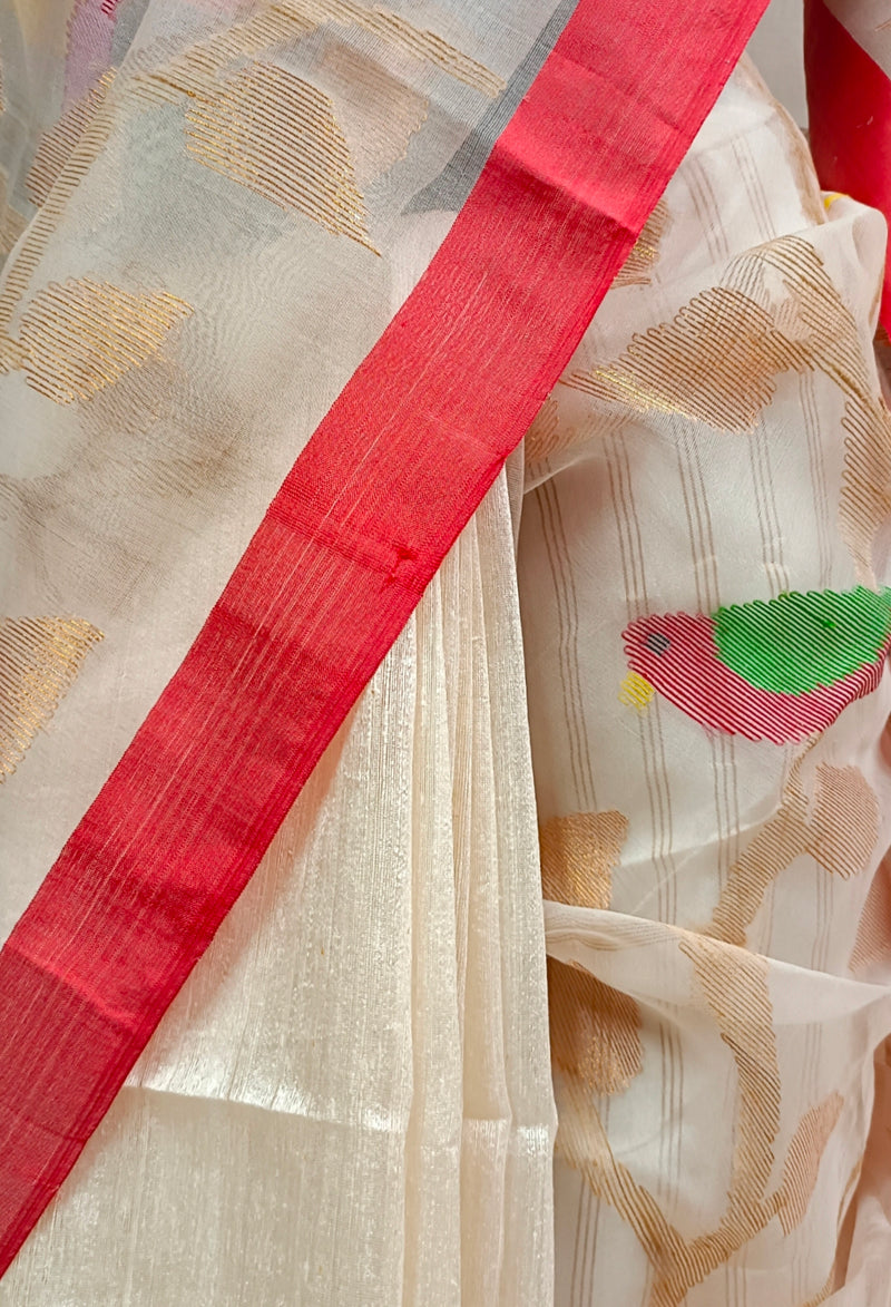 White & Red Matka Muslin Silk Jamdani Saree Balaram Saha