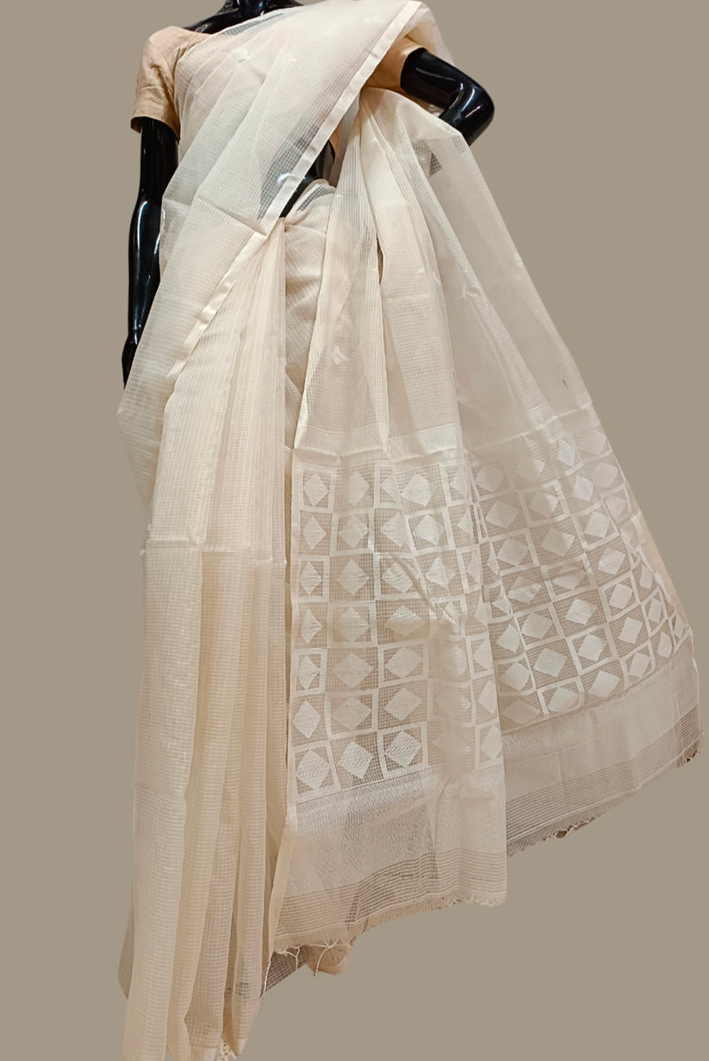 Off white & white muslin silk jamdani saree Balaram Saha