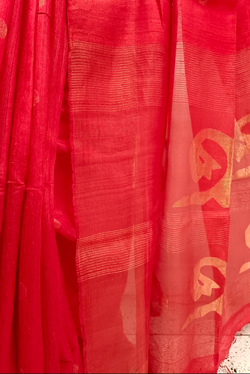 Red Handloom Matka Silk saree with zari woven Balaram Saha