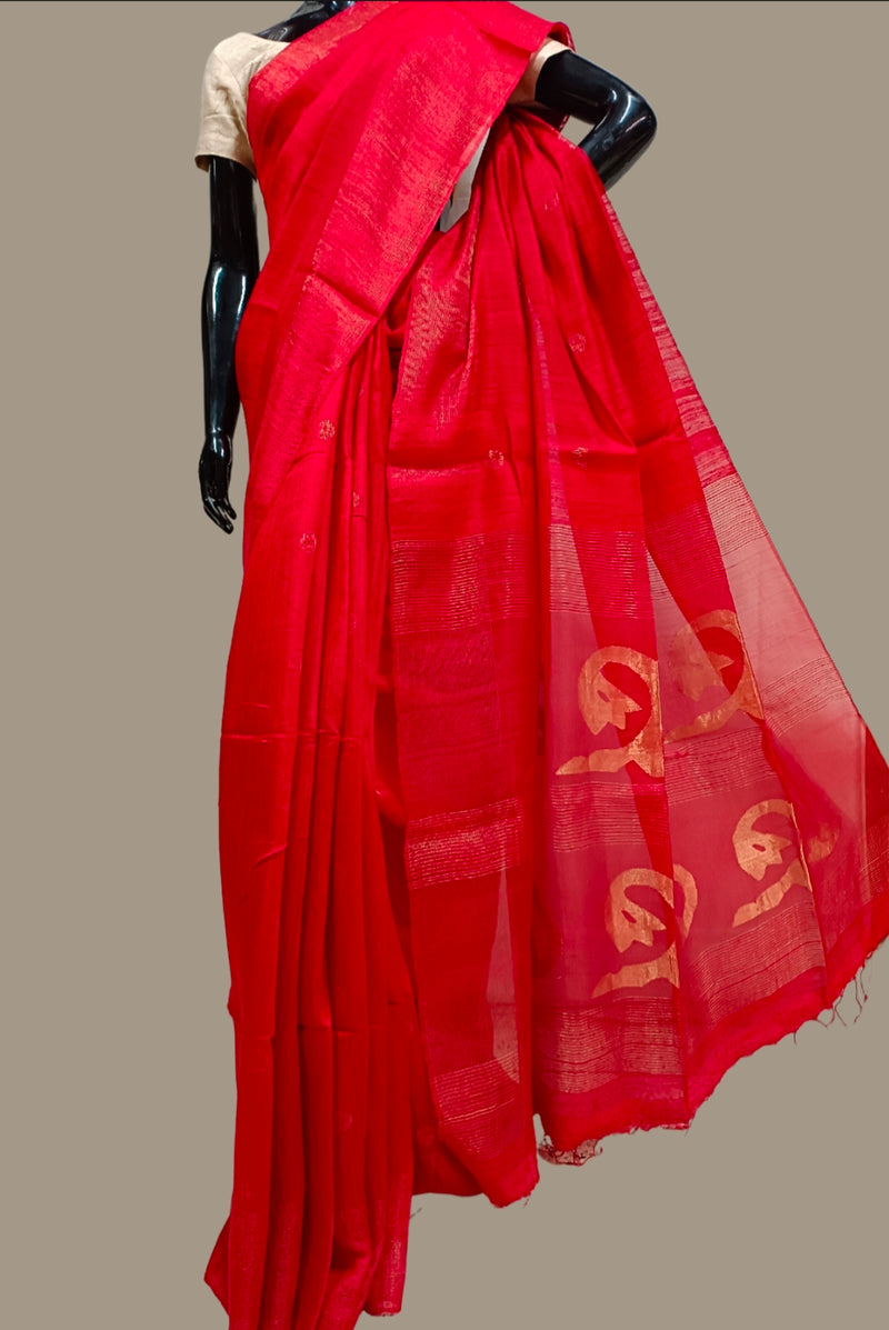 Red Handloom Matka Silk saree with zari woven Balaram Saha