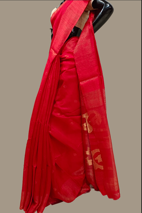 Red Handloom Matka Silk saree with zari woven Balaram Saha