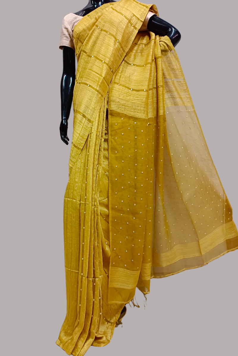 Mustard Handloom Matka Silk sequin Woven saree Balaram Saha