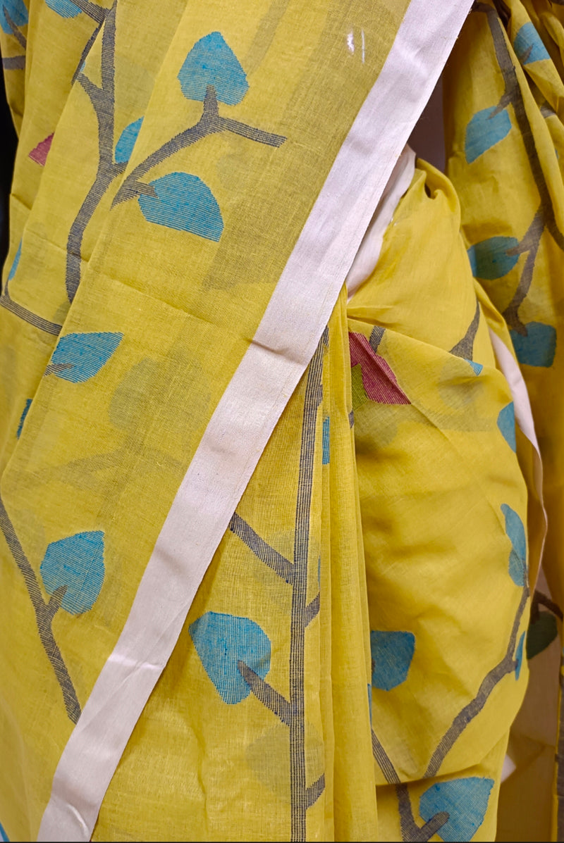 Hand Woven Traditional Cotton Jamdani Saree  (Mustard) Balaram Saha