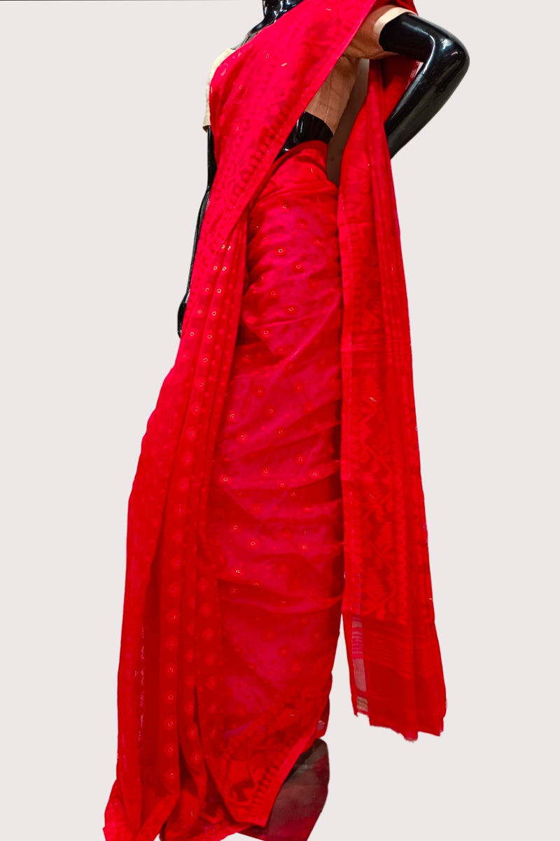 Red & Red Handloom Jacquard Dhakai Saree Balaram Saha