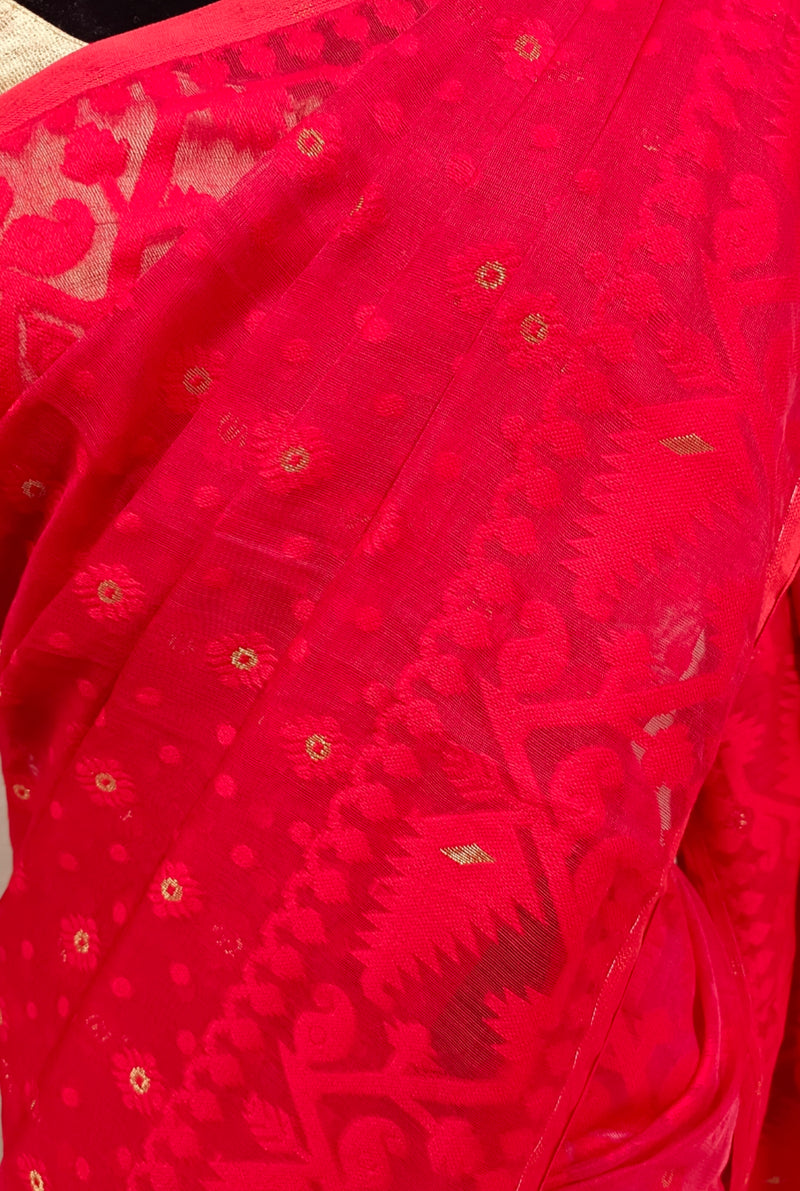 Red & Red Handloom Jacquard Dhakai Saree Balaram Saha