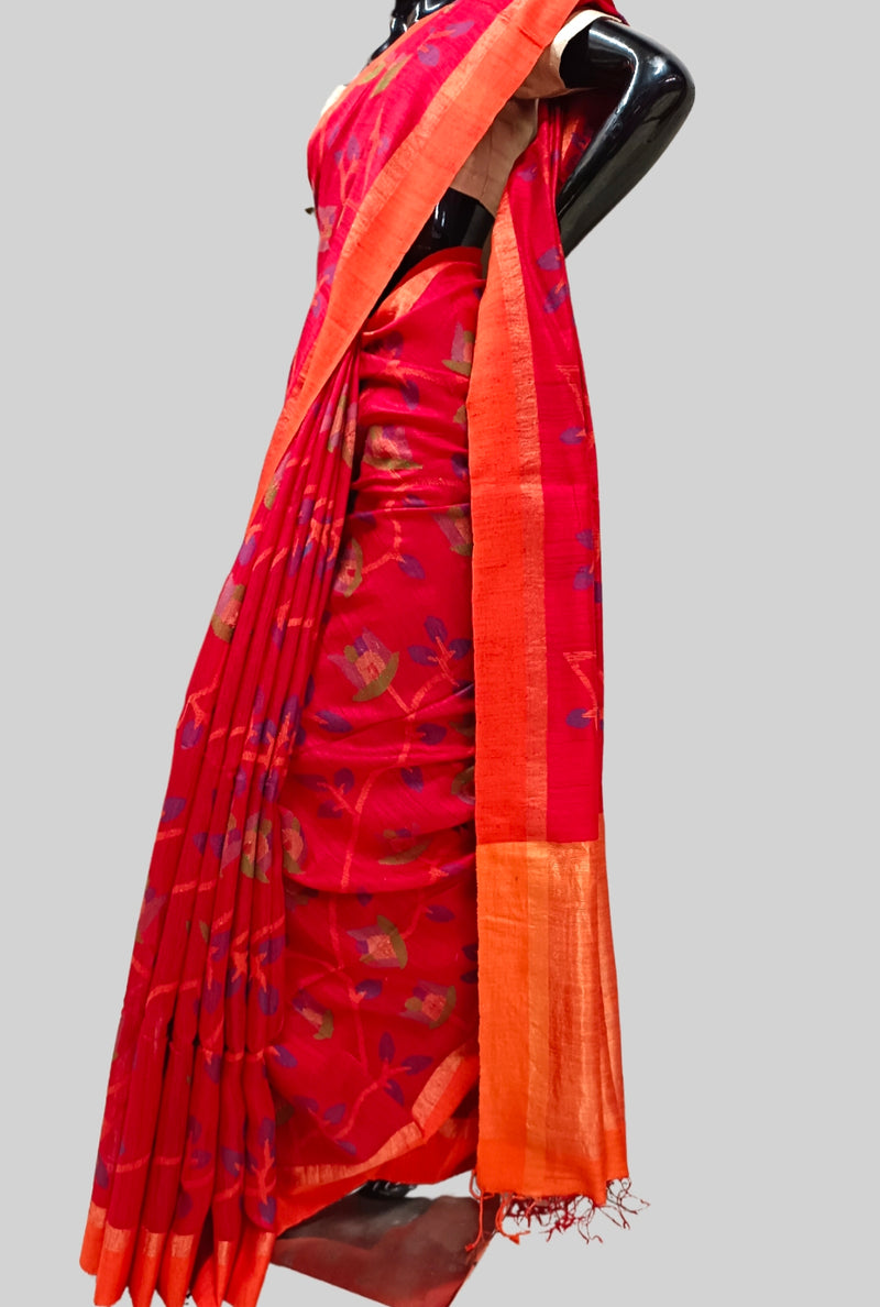 Red Designer Handloom Matka Silk Jamdani Saree Balaram Saha