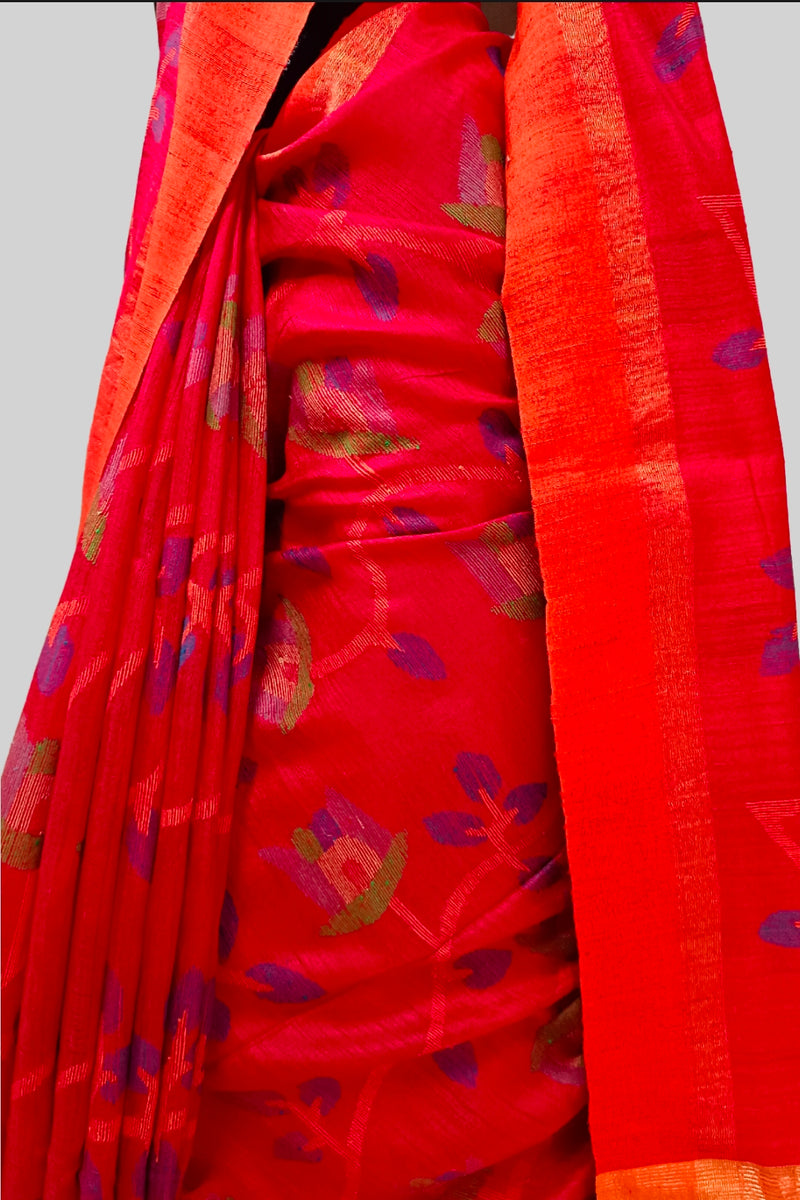 Red Designer Handloom Matka Silk Jamdani Saree Balaram Saha