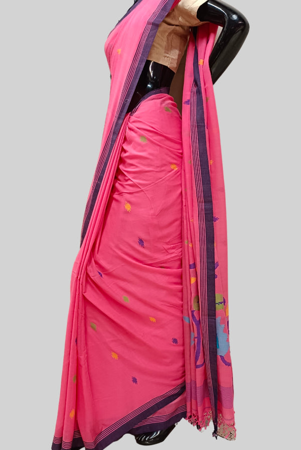 Peach pink soft handloom cotton Jamdani saree Balaram Saha