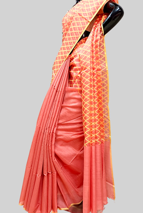 Peach Color Handloom Tussar Muslin Silk Saree Balaram Saha