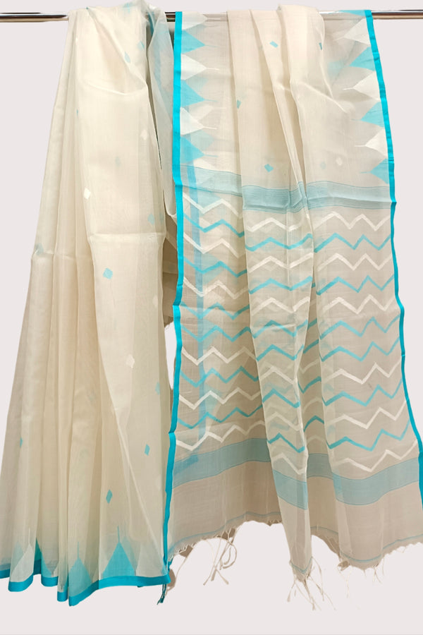 White & blue soft muslin silk Jamdani saree Balaram Saha
