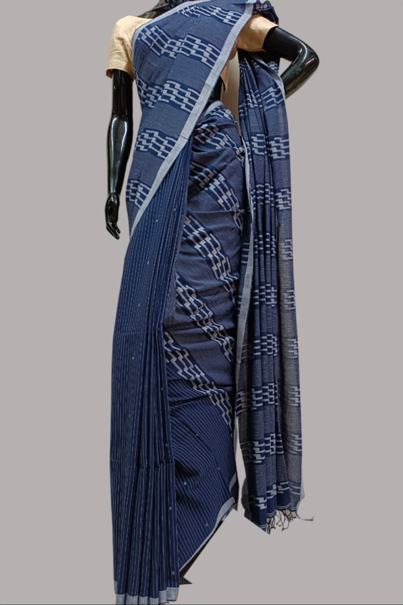 Blue & White Handspun Cotton Jamdani Saree Balaram Saha