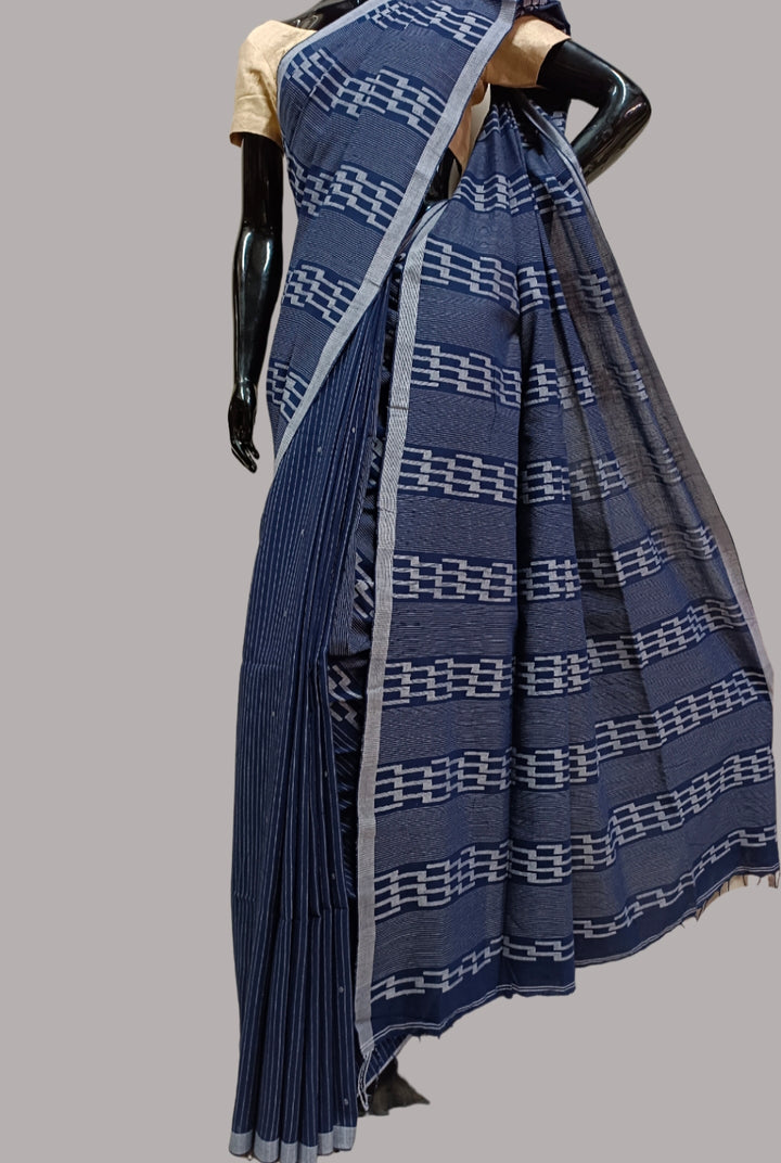 Blue & White Handspun Cotton Jamdani Saree Balaram Saha