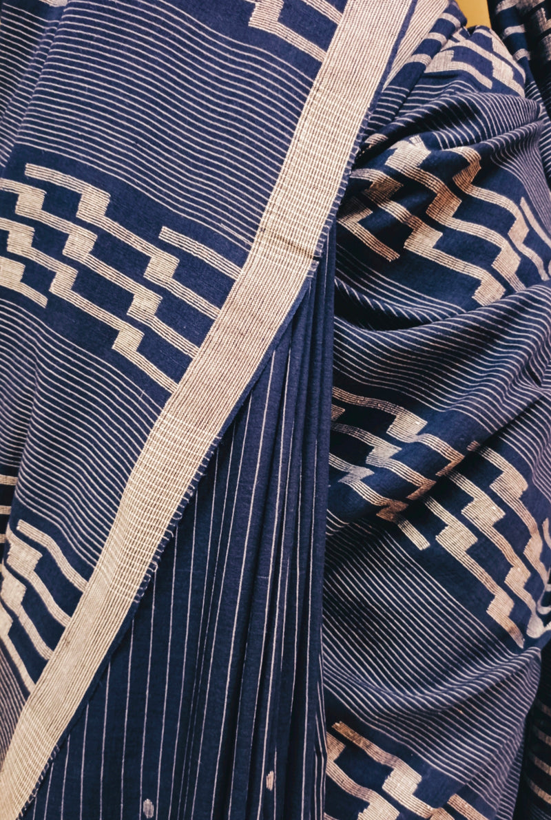 Blue & White Handspun Cotton Jamdani Saree Balaram Saha