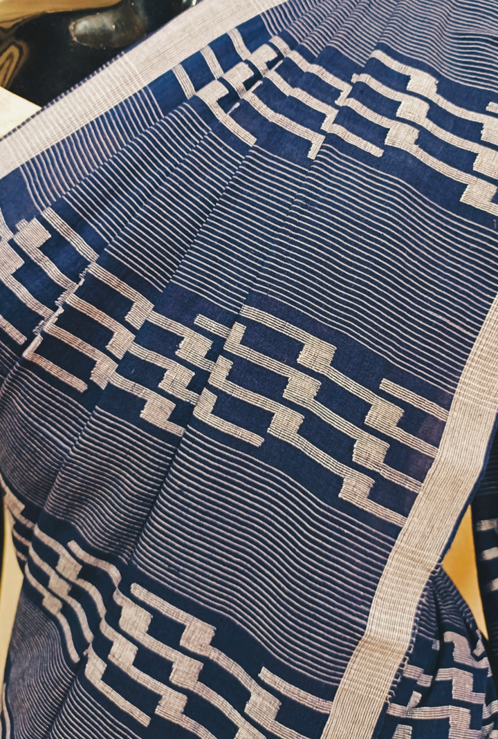 Blue & White Handspun Cotton Jamdani Saree Balaram Saha