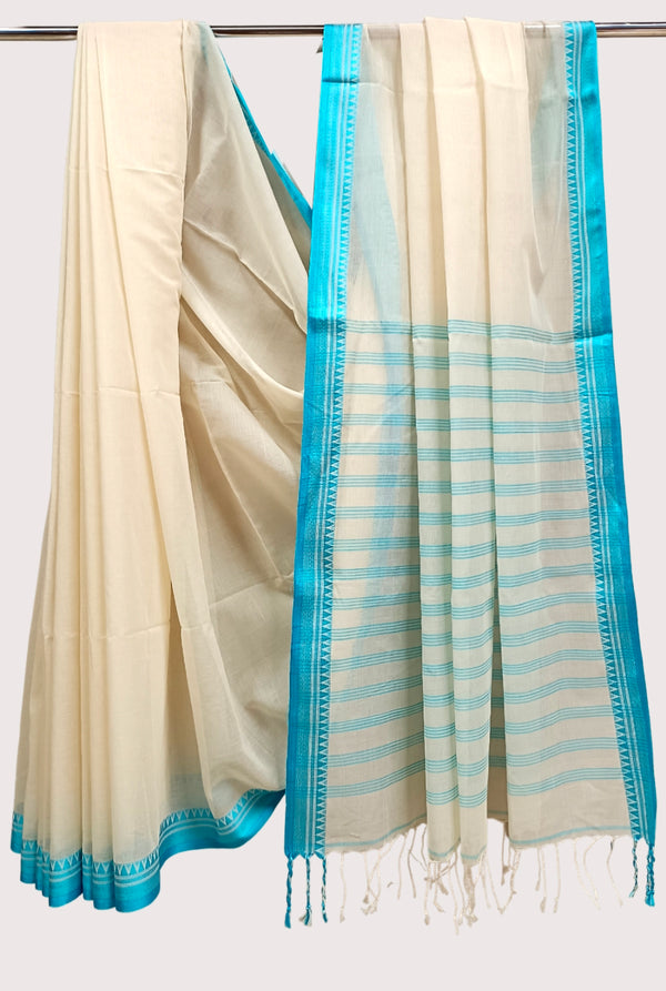 White & Blue Soft Handspun Cotton Saree Balaram Saha