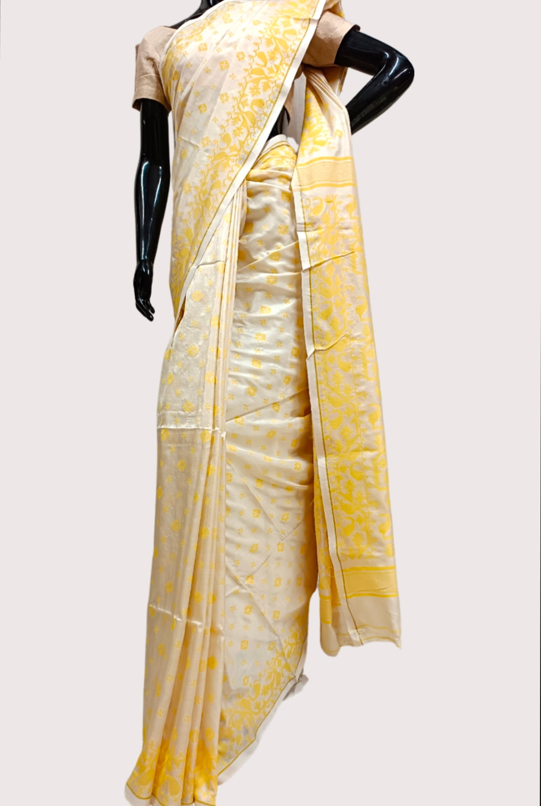 CREAM AND YELLOW KATAN SILK SAREE Balaram Saha