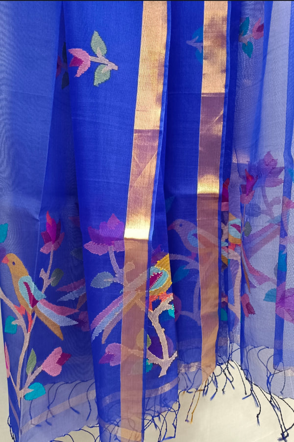 Royal Blue Handloom Muslin Silk Jamdani Dupatta Balaram Saha