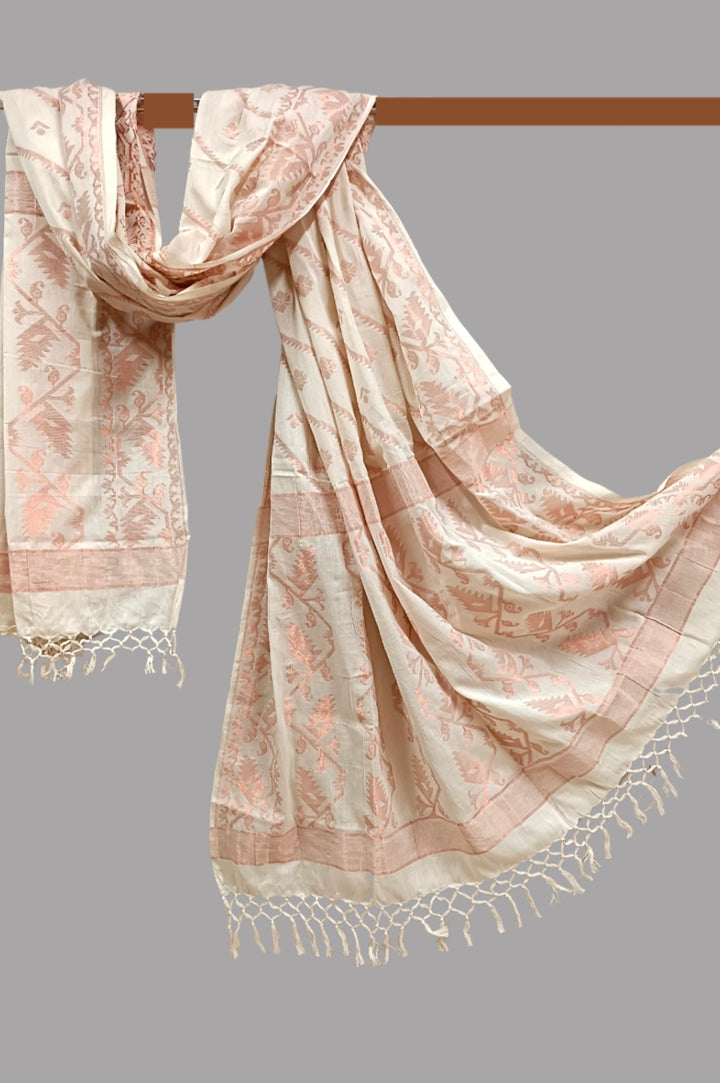 white & Copper Zarisoft cotton Jamdani Dupatta Balaram Saha