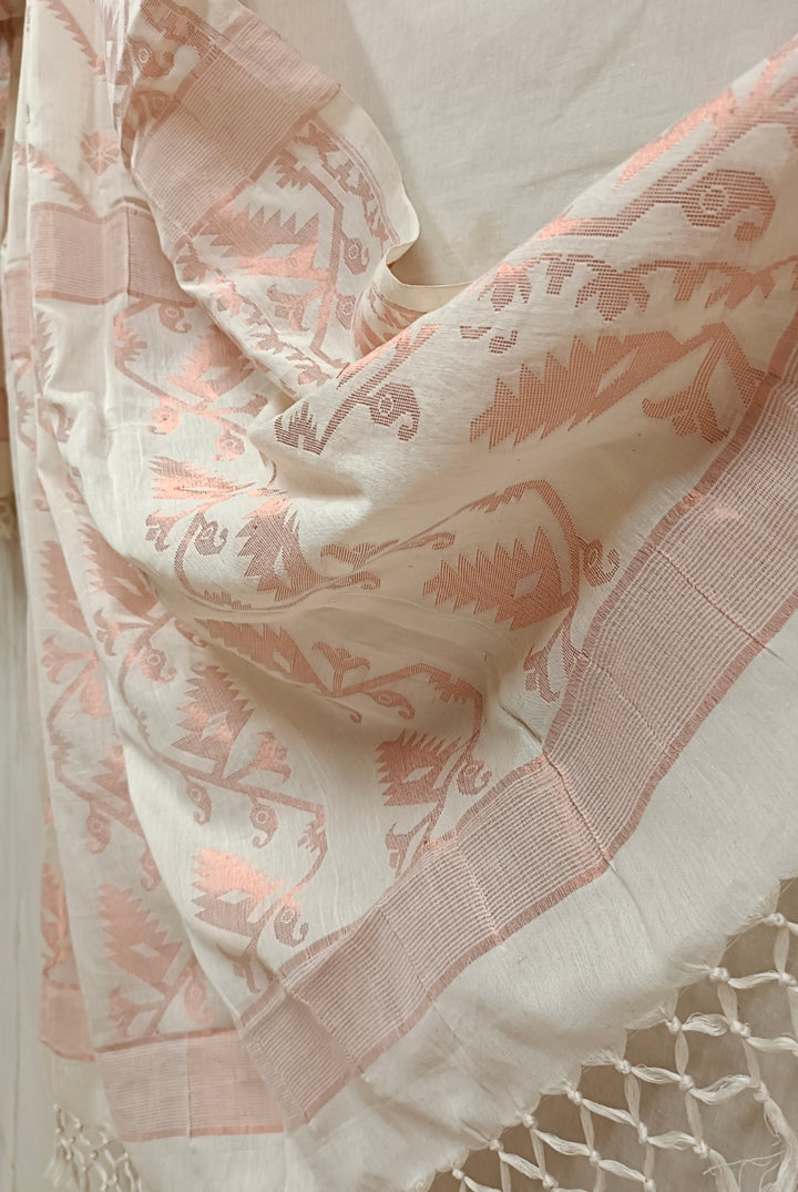 white & Copper Zarisoft cotton Jamdani Dupatta Balaram Saha