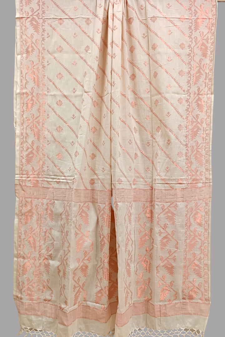 white & Copper Zarisoft cotton Jamdani Dupatta Balaram Saha
