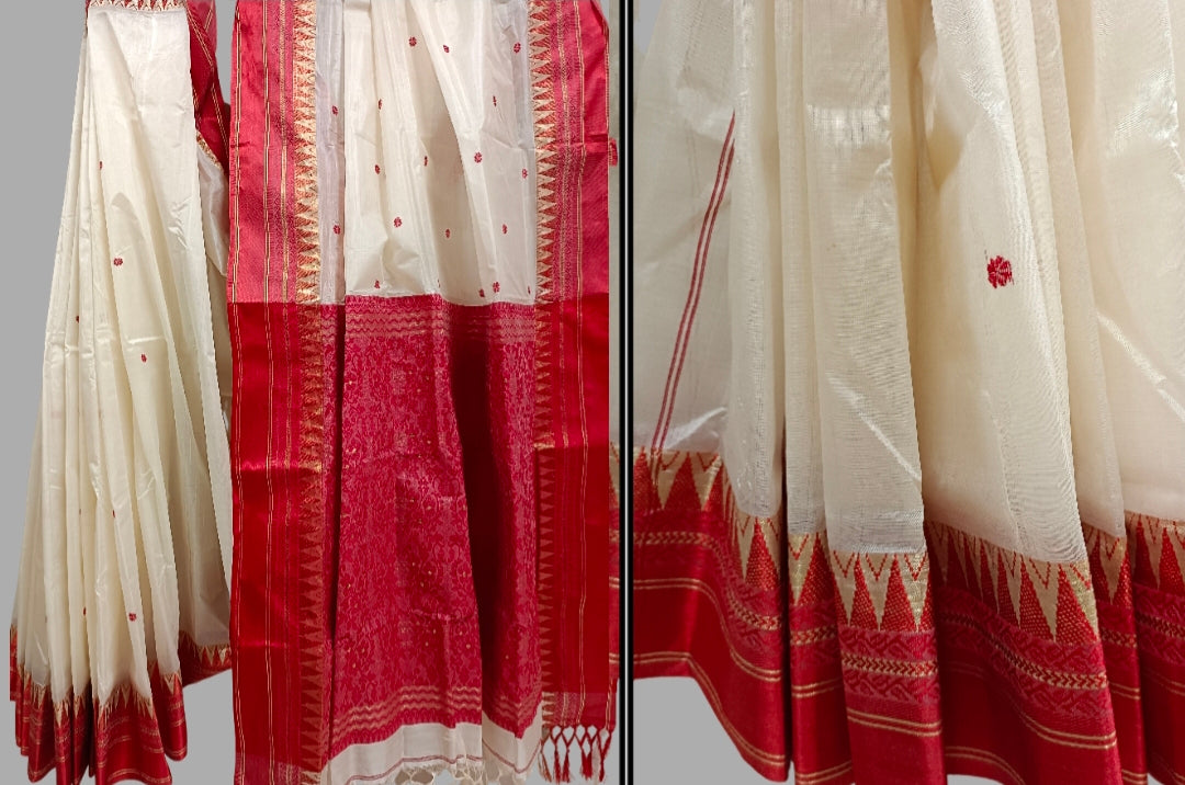 Garad Silk Saree by Balaram Saha – Traditional White & Red Satin Border Saree