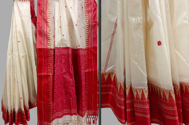 Garad Silk Saree by Balaram Saha – Traditional White & Red Satin Border Saree
