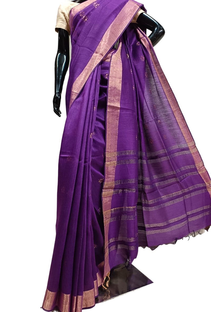 Violet Soft Handloom Tussar Silk Saree With Woven Zari Border Balaram Saha