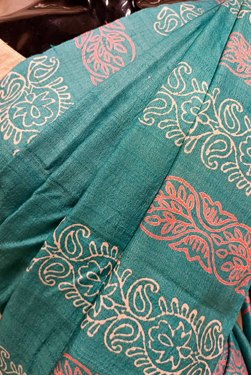 Sea-Green Handloom Hand Block Print Tussar Silk Saree Balaram Saha