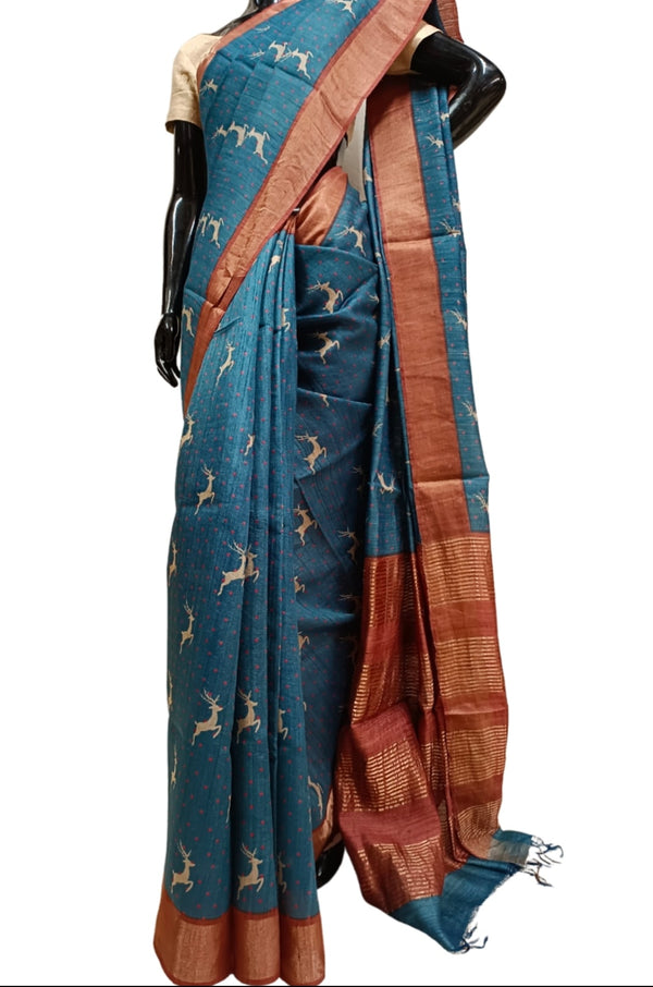 Indigo-Blue Handloom Tussar Printed Saree Balaram Saha