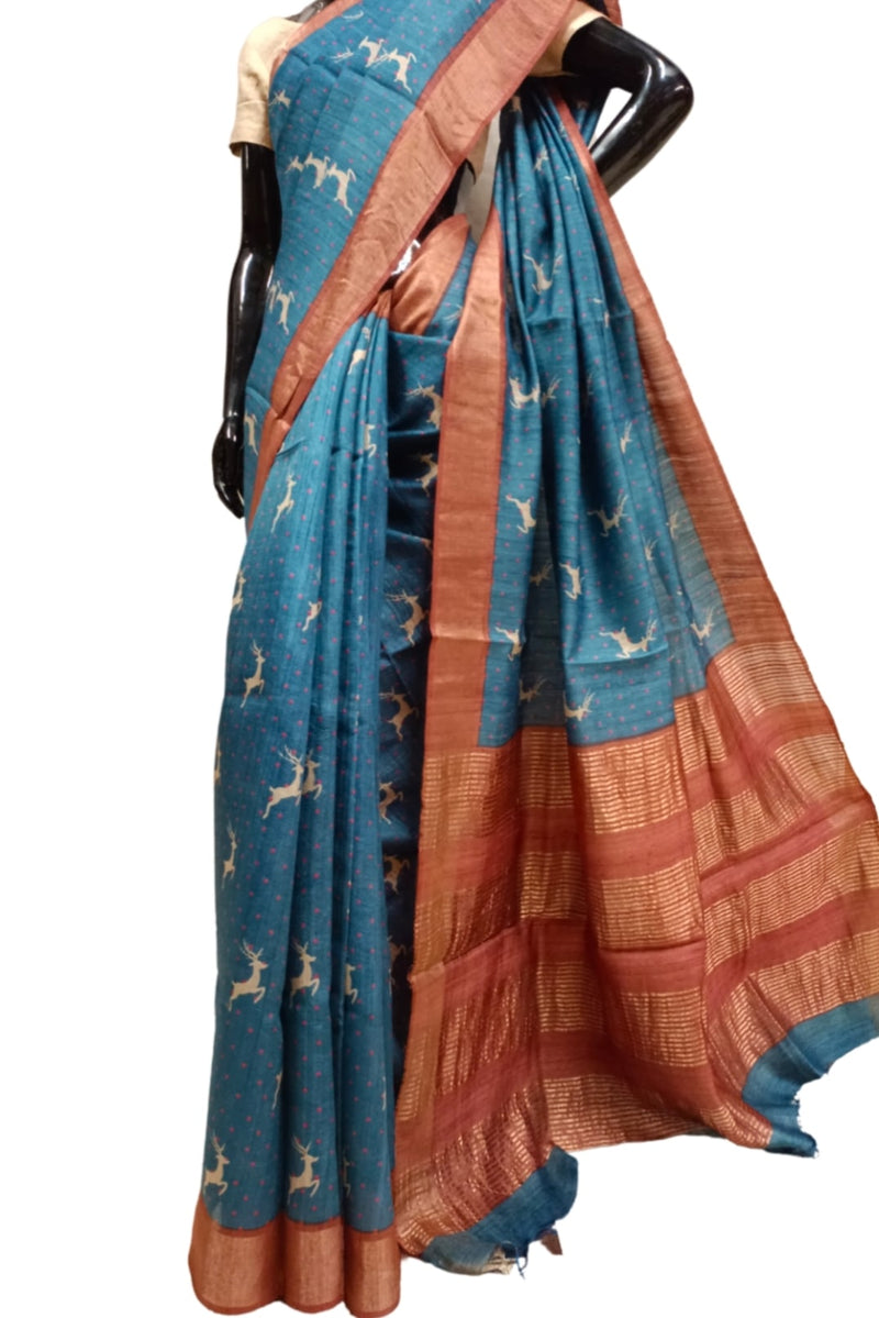 Indigo-Blue Handloom Tussar Printed Saree Balaram Saha