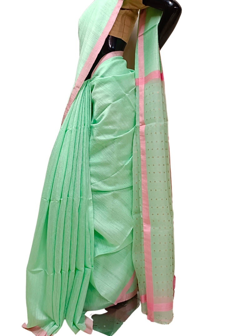 Mint Green Matka Silk Saree With Handwoven Sequin Anchal Balaram Saha
