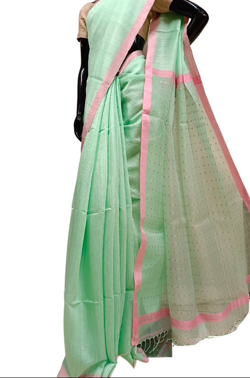 Mint Green Matka Silk Saree With Handwoven Sequin Anchal Balaram Saha