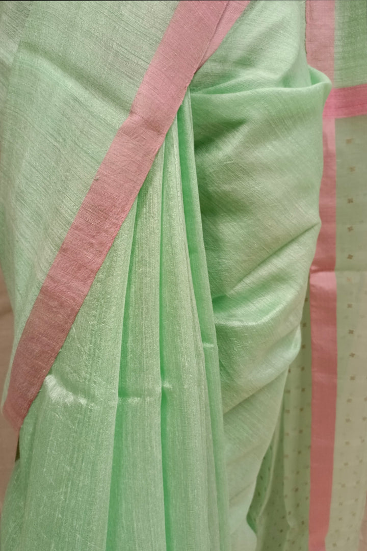Mint Green Matka Silk Saree With Handwoven Sequin Anchal Balaram Saha