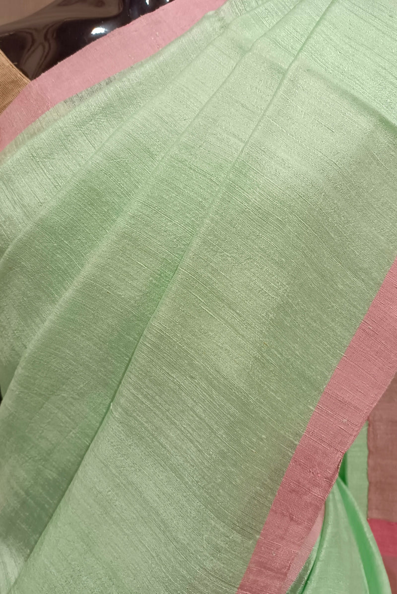 Mint Green Matka Silk Saree With Handwoven Sequin Anchal Balaram Saha