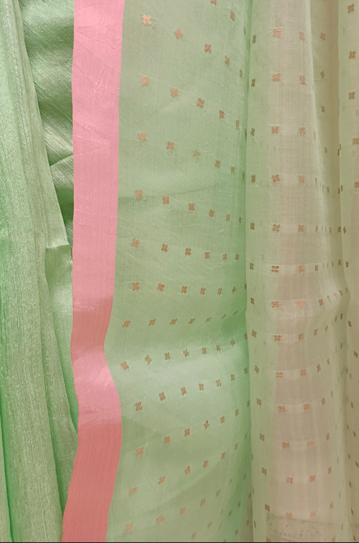 Mint Green Matka Silk Saree With Handwoven Sequin Anchal Balaram Saha