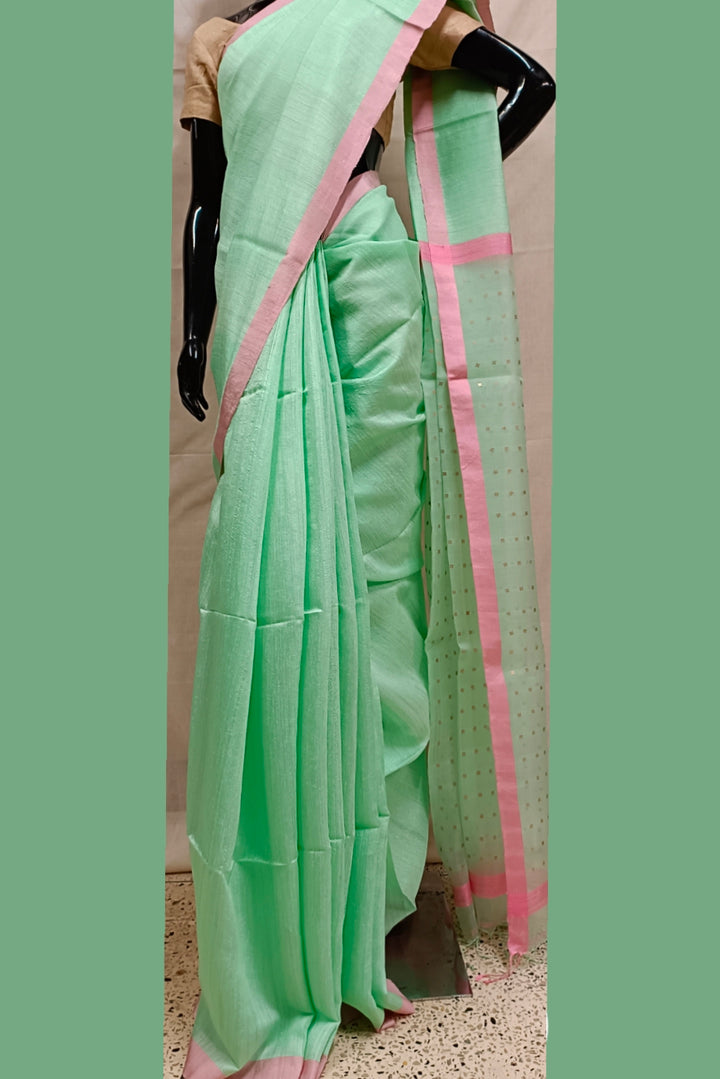 Mint Green Matka Silk Saree With Handwoven Sequin Anchal Balaram Saha