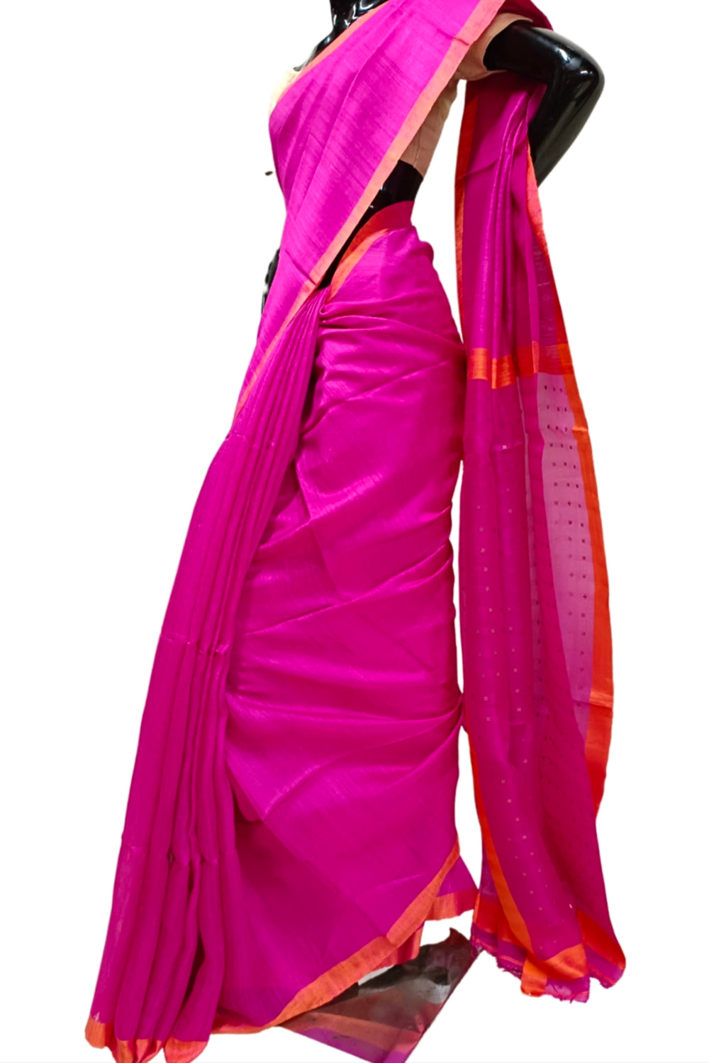Rani-Pink Matka Silk Saree With Handwoven Sequin Anchal Balaram Saha