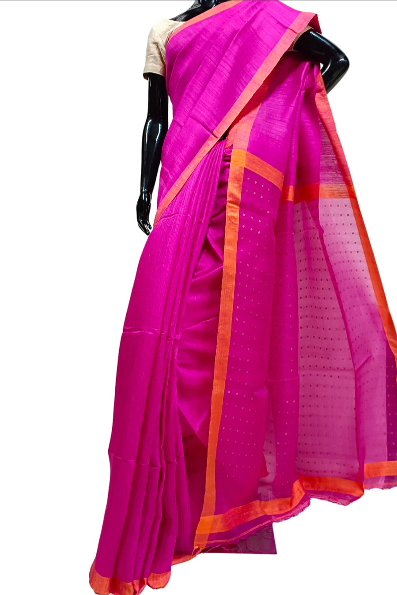 Rani-Pink Matka Silk Saree With Handwoven Sequin Anchal Balaram Saha
