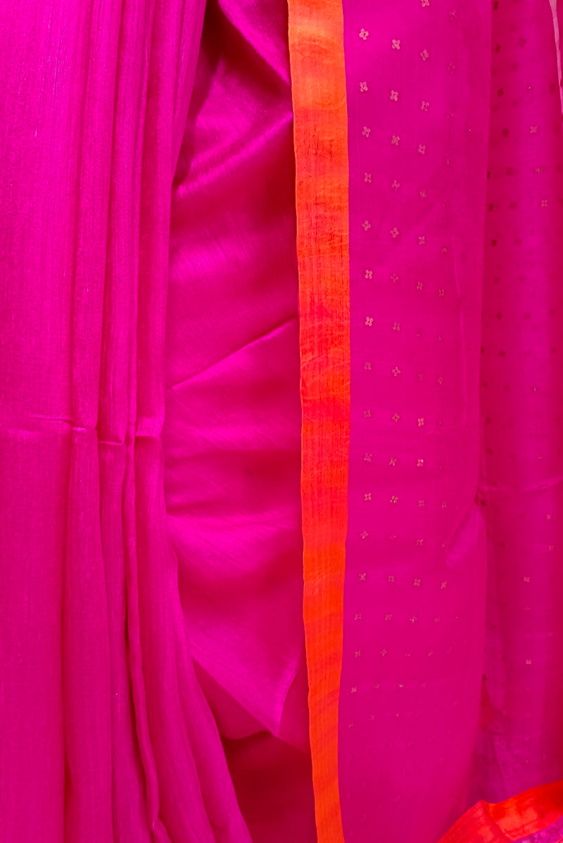 Rani-Pink Matka Silk Saree With Handwoven Sequin Anchal Balaram Saha